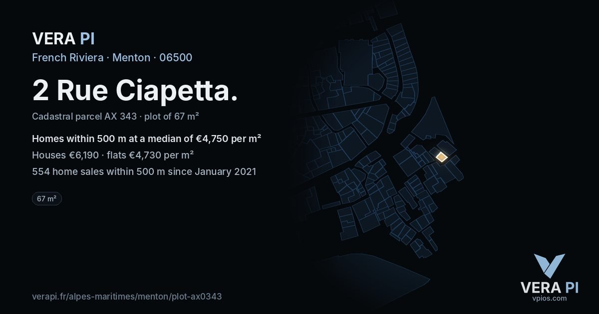2 Rue Ciapetta, Menton at night – the plot lit, the parcels around coloured by the prices near them