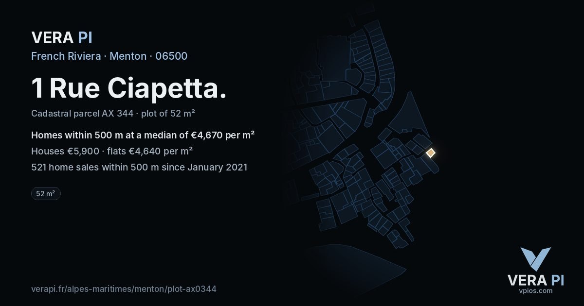 1 Rue Ciapetta, Menton at night – the plot lit, the parcels around coloured by the prices near them