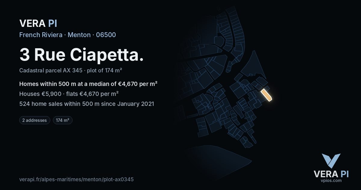 3 Rue Ciapetta, Menton at night – the plot lit, the parcels around coloured by the prices near them