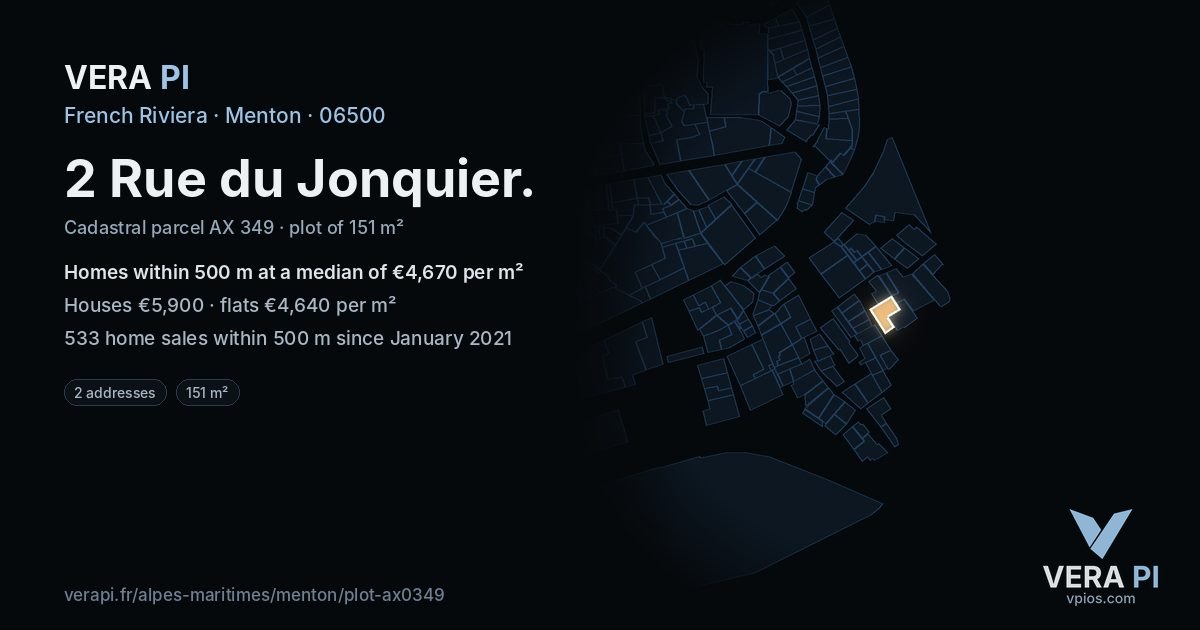 2 Rue du Jonquier, Menton at night – the plot lit, the parcels around coloured by the prices near them