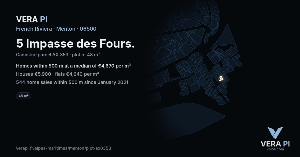 5 Impasse des Fours, Menton at night – the plot lit, the parcels around coloured by the prices near them