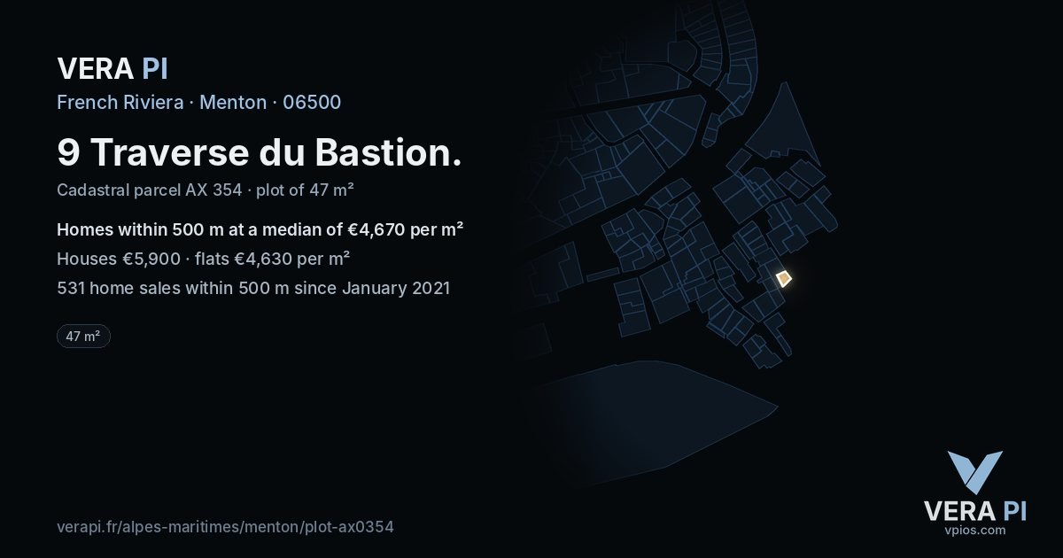 9 Traverse du Bastion, Menton at night – the plot lit, the parcels around coloured by the prices near them