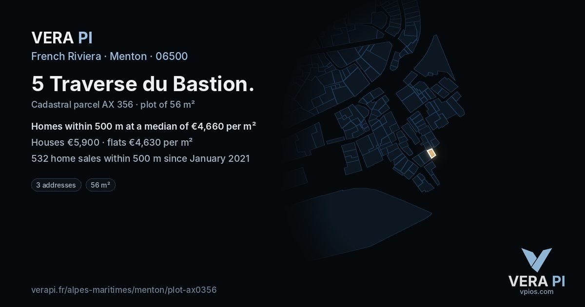 5 Traverse du Bastion, Menton at night – the plot lit, the parcels around coloured by the prices near them