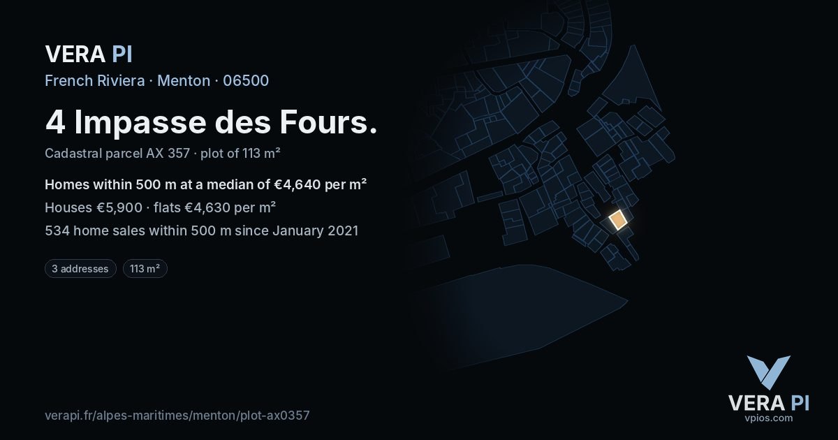 4 Impasse des Fours, Menton at night – the plot lit, the parcels around coloured by the prices near them