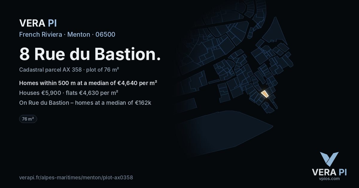 8 Rue du Bastion, Menton at night – the plot lit, the parcels around coloured by the prices near them