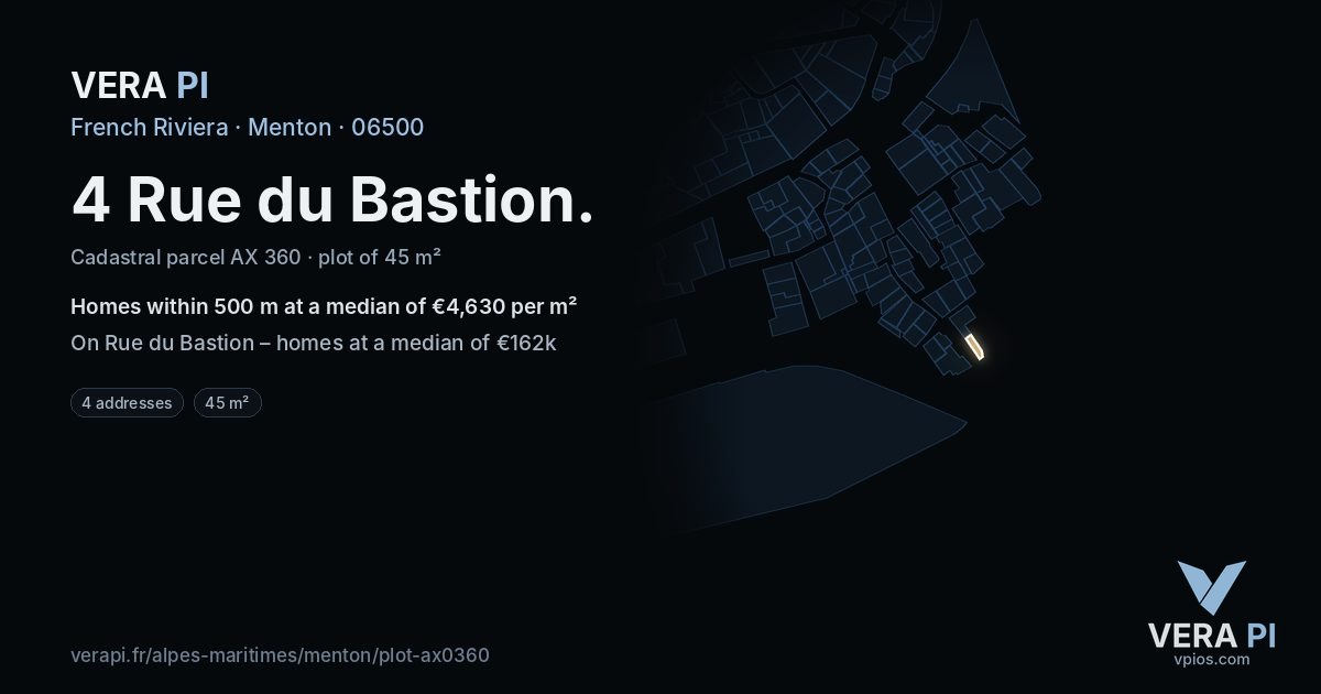 4 Rue du Bastion, Menton at night – the plot lit, the parcels around coloured by the prices near them