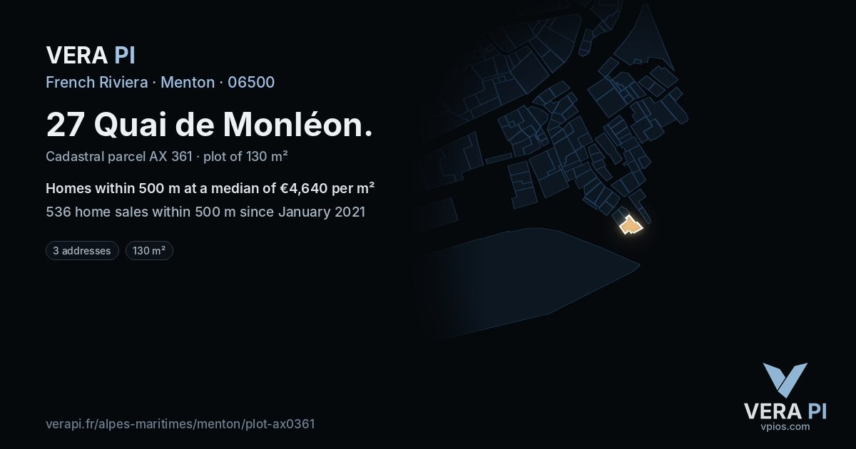 27 Quai de Monléon, Menton at night – the plot lit, the parcels around coloured by the prices near them