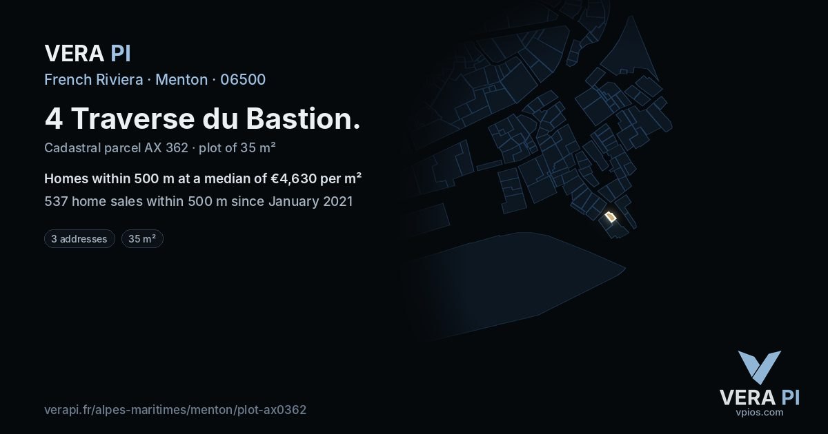 4 Traverse du Bastion, Menton at night – the plot lit, the parcels around coloured by the prices near them