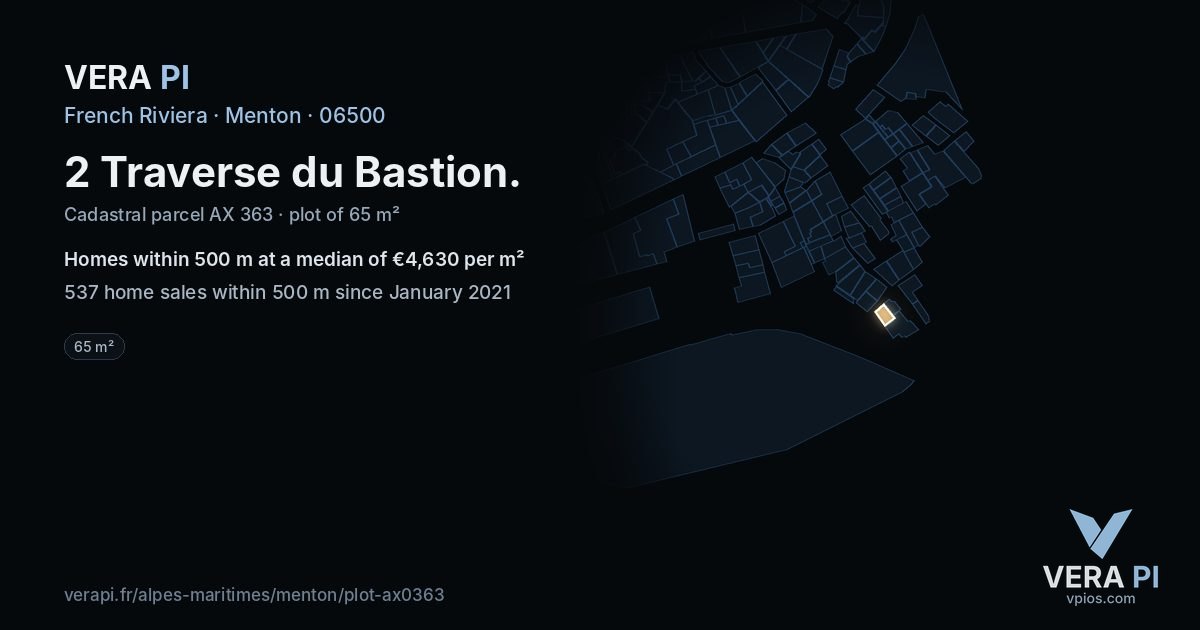 2 Traverse du Bastion, Menton at night – the plot lit, the parcels around coloured by the prices near them