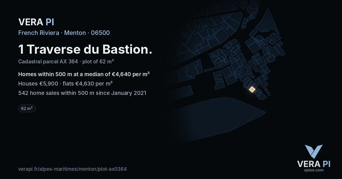1 Traverse du Bastion, Menton at night – the plot lit, the parcels around coloured by the prices near them