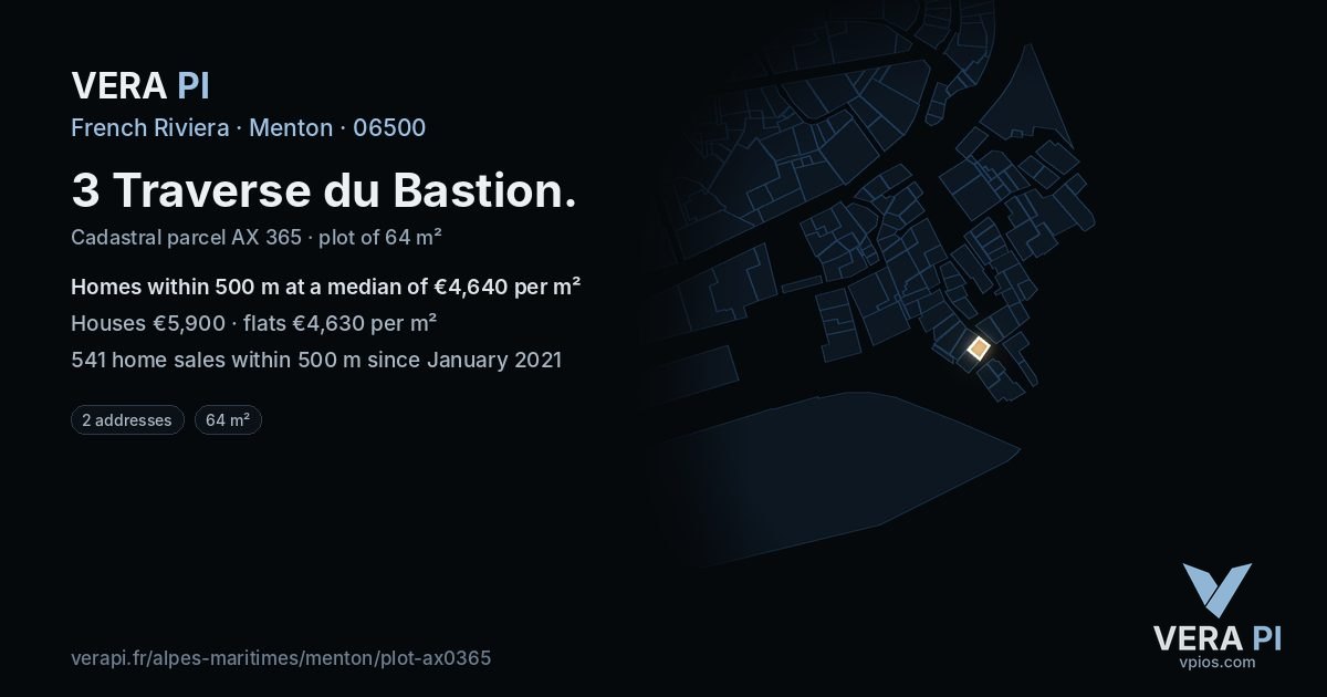 3 Traverse du Bastion, Menton at night – the plot lit, the parcels around coloured by the prices near them