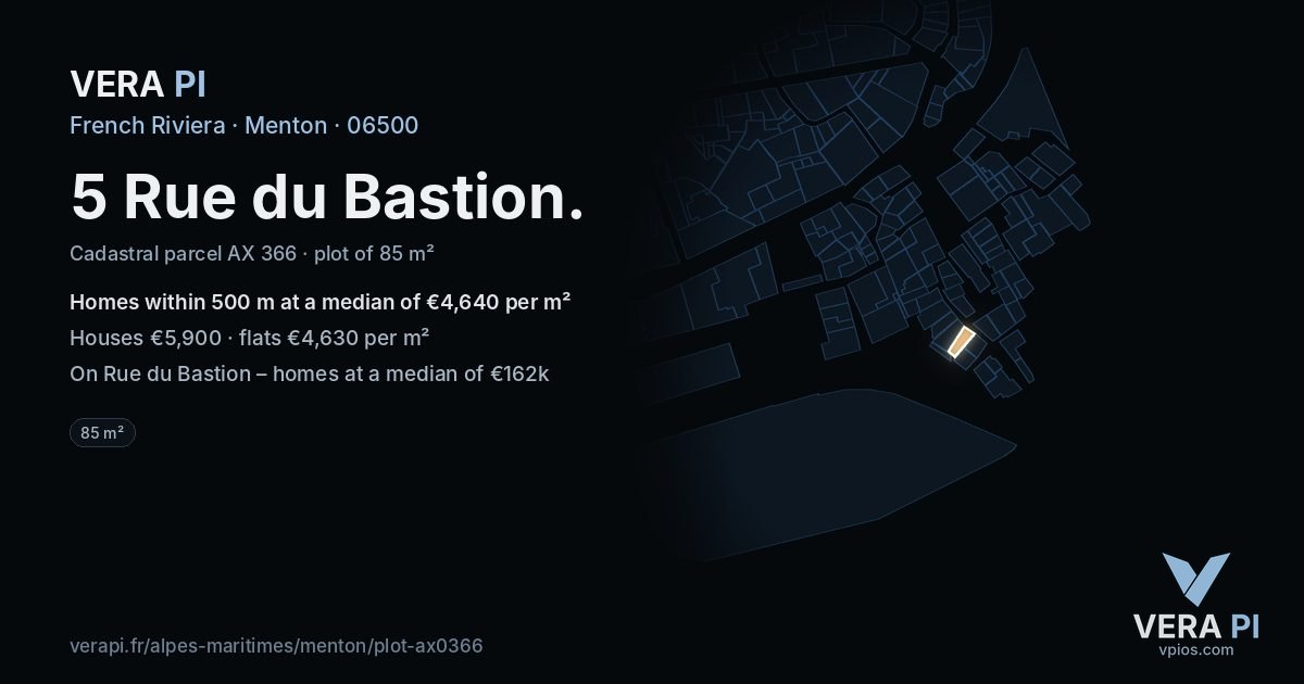 5 Rue du Bastion, Menton at night – the plot lit, the parcels around coloured by the prices near them