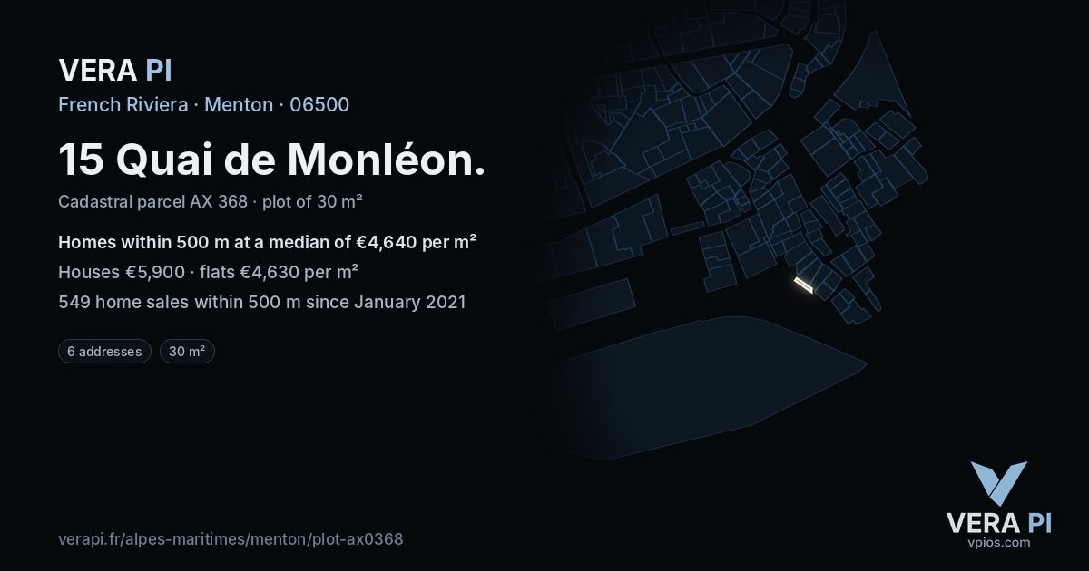 15 Quai de Monléon, Menton at night – the plot lit, the parcels around coloured by the prices near them