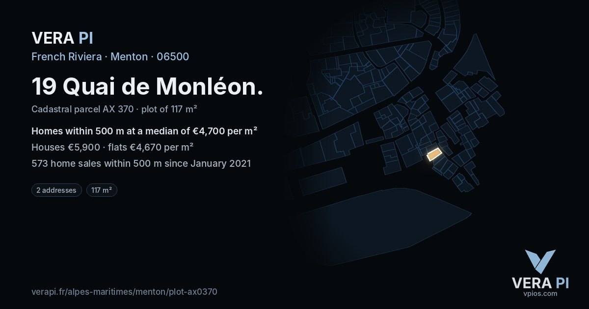 19 Quai de Monléon, Menton at night – the plot lit, the parcels around coloured by the prices near them