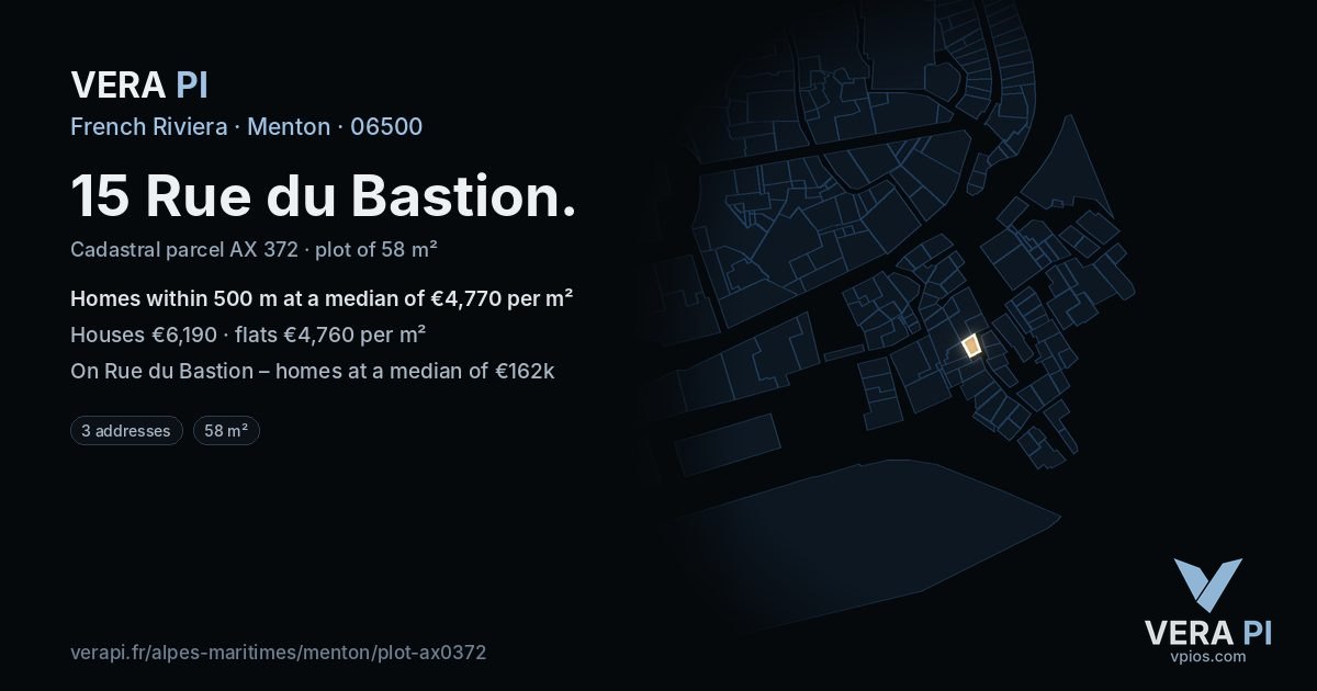 15 Rue du Bastion, Menton at night – the plot lit, the parcels around coloured by the prices near them