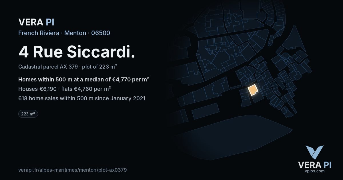 4 Rue Siccardi, Menton at night – the plot lit, the parcels around coloured by the prices near them