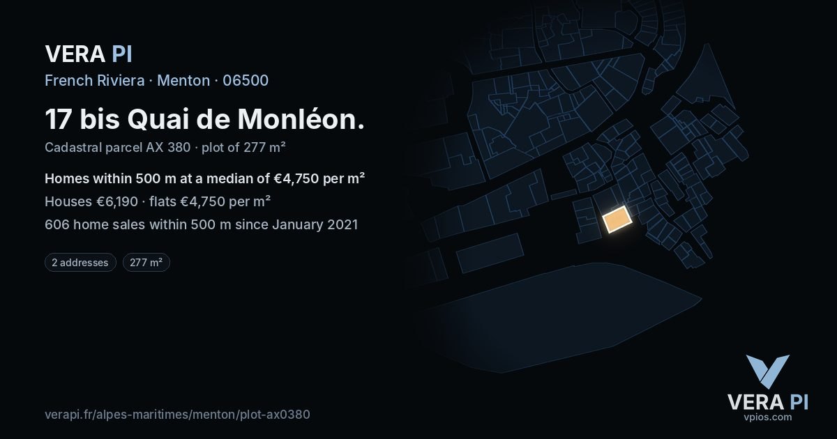 17 bis Quai de Monléon, Menton at night – the plot lit, the parcels around coloured by the prices near them