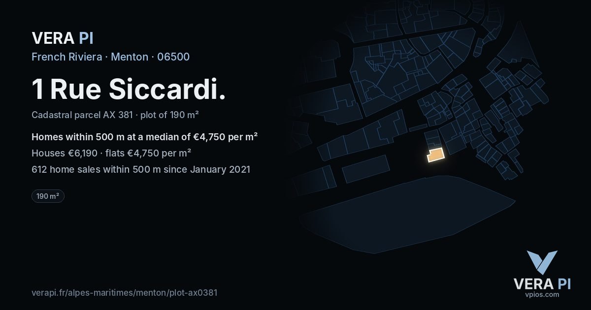 1 Rue Siccardi, Menton at night – the plot lit, the parcels around coloured by the prices near them
