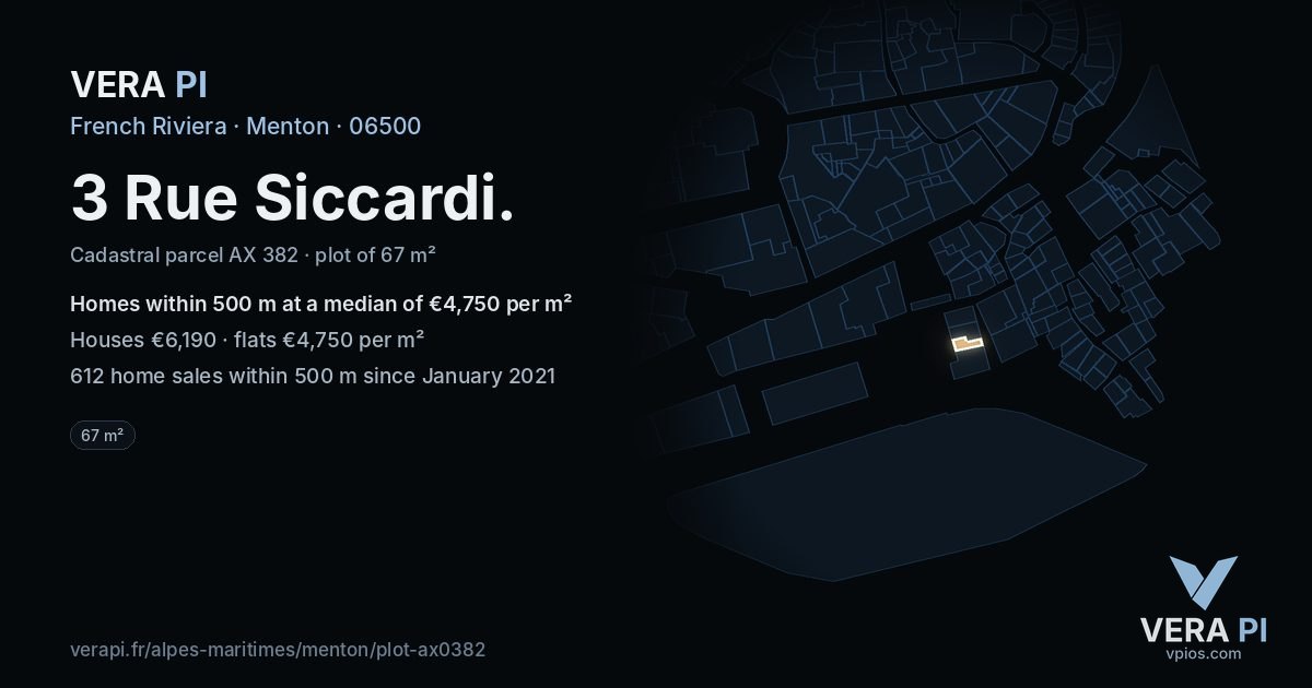 3 Rue Siccardi, Menton at night – the plot lit, the parcels around coloured by the prices near them