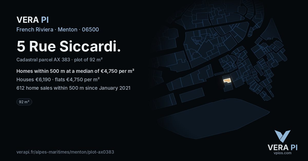 5 Rue Siccardi, Menton at night – the plot lit, the parcels around coloured by the prices near them