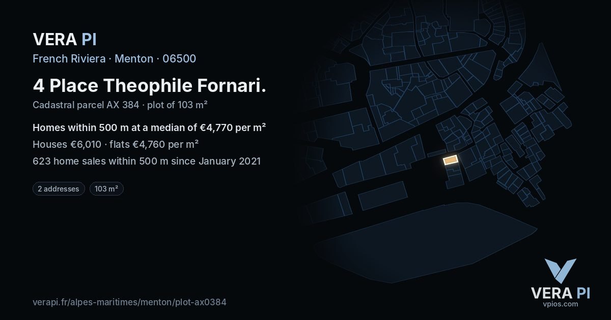 4 Place Theophile Fornari, Menton at night – the plot lit, the parcels around coloured by the prices near them