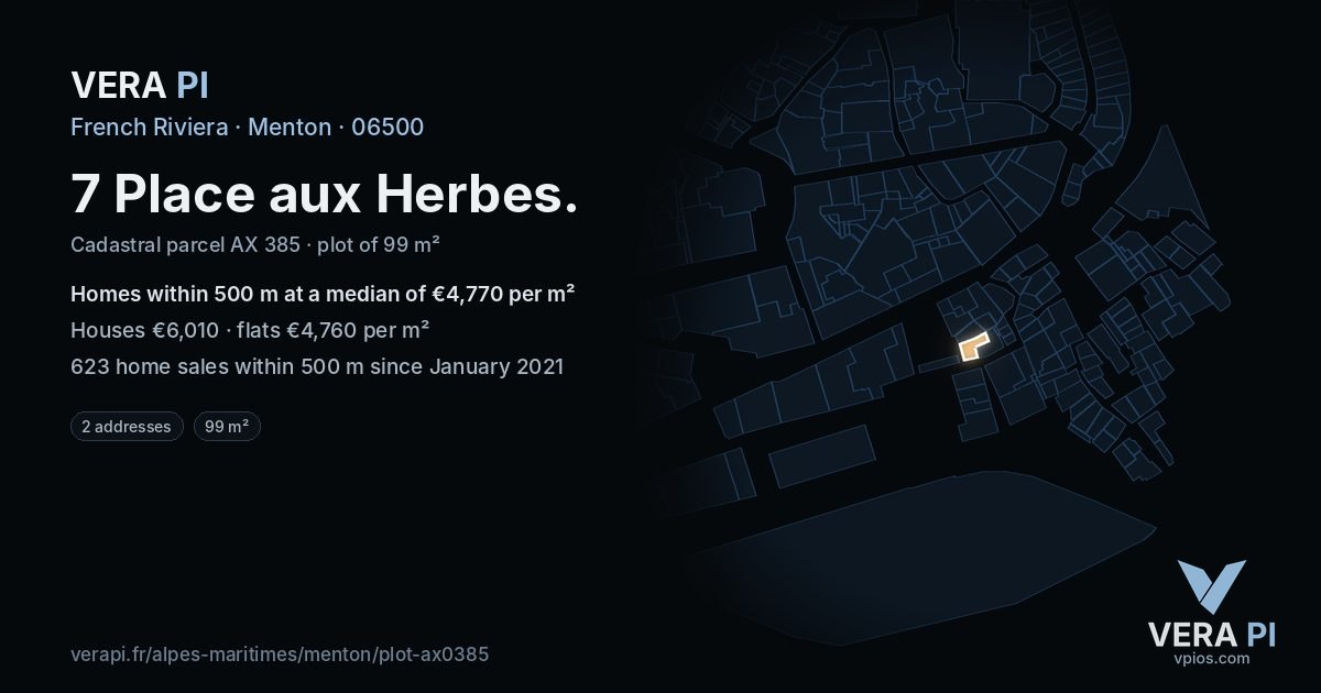 7 Place aux Herbes, Menton at night – the plot lit, the parcels around coloured by the prices near them