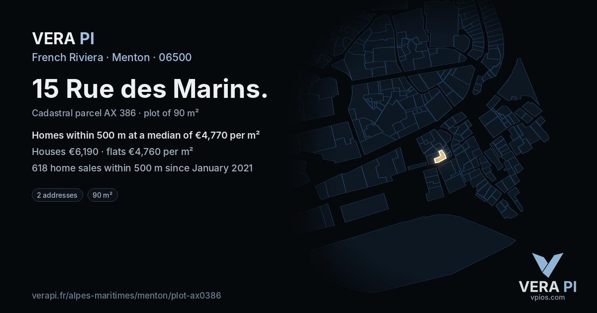 15 Rue des Marins, Menton at night – the plot lit, the parcels around coloured by the prices near them