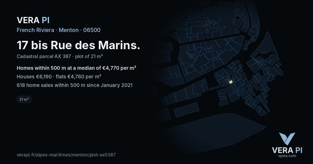 17 bis Rue des Marins, Menton at night – the plot lit, the parcels around coloured by the prices near them