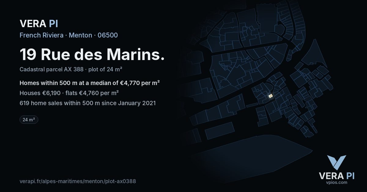 19 Rue des Marins, Menton at night – the plot lit, the parcels around coloured by the prices near them