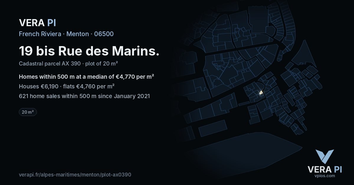 19 bis Rue des Marins, Menton at night – the plot lit, the parcels around coloured by the prices near them