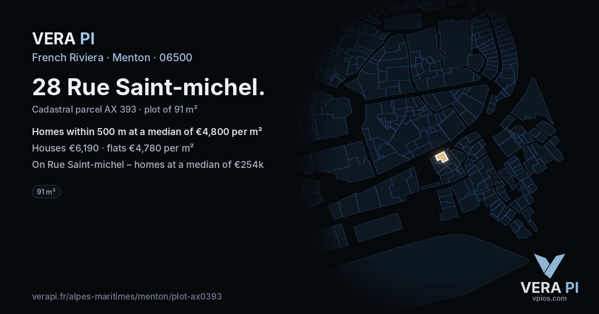 28 Rue Saint-michel, Menton at night – the plot lit, the parcels around coloured by the prices near them
