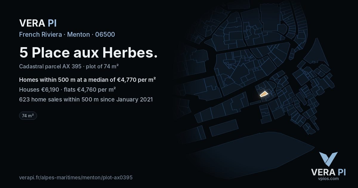 5 Place aux Herbes, Menton at night – the plot lit, the parcels around coloured by the prices near them