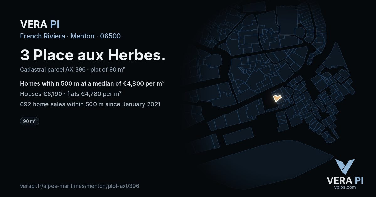 3 Place aux Herbes, Menton at night – the plot lit, the parcels around coloured by the prices near them