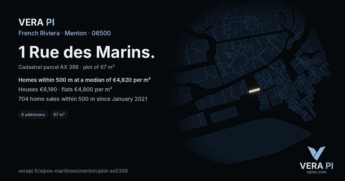1 Rue des Marins, Menton at night – the plot lit, the parcels around coloured by the prices near them