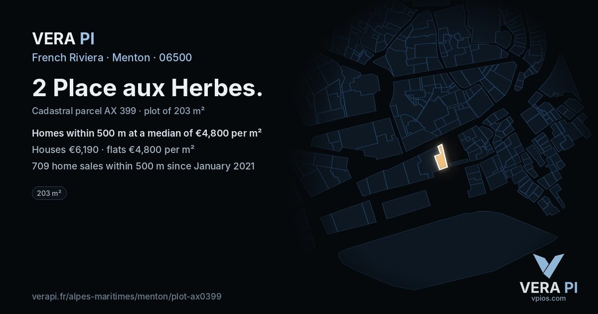 2 Place aux Herbes, Menton at night – the plot lit, the parcels around coloured by the prices near them