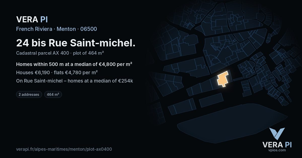 24 bis Rue Saint-michel, Menton at night – the plot lit, the parcels around coloured by the prices near them