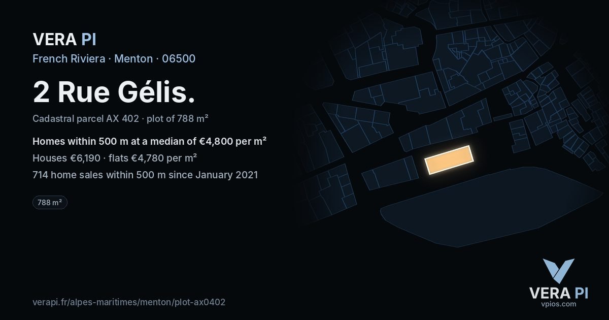 2 Rue Gélis, Menton at night – the plot lit, the parcels around coloured by the prices near them
