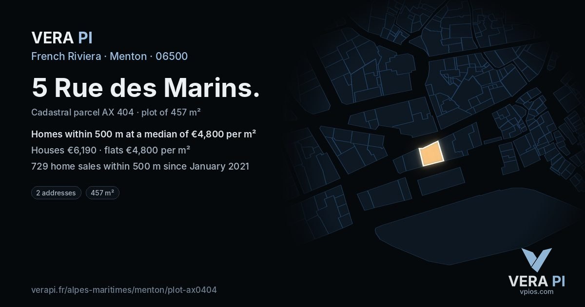 5 Rue des Marins, Menton at night – the plot lit, the parcels around coloured by the prices near them