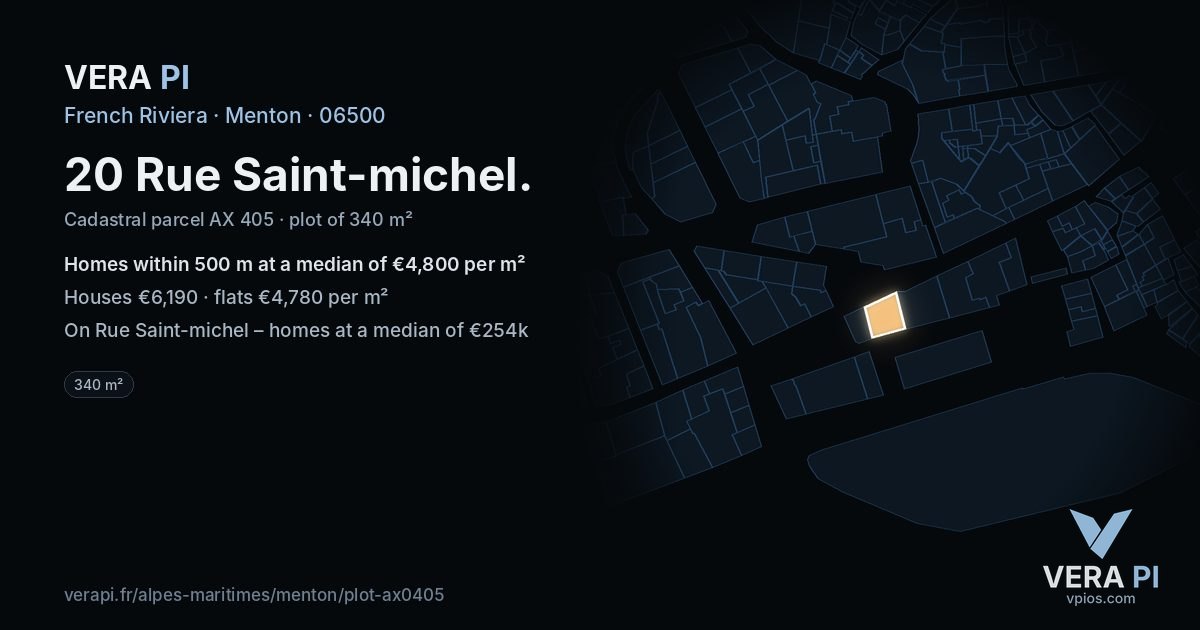 20 Rue Saint-michel, Menton at night – the plot lit, the parcels around coloured by the prices near them