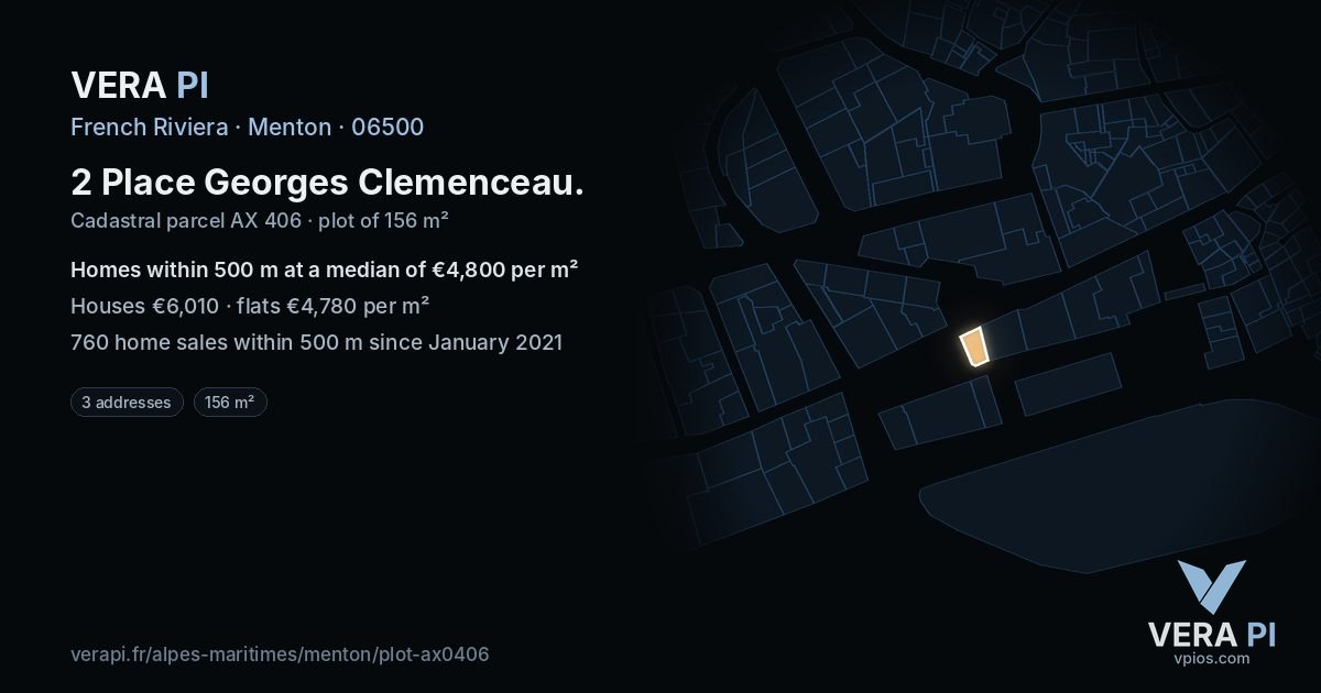 2 Place Georges Clemenceau, Menton at night – the plot lit, the parcels around coloured by the prices near them