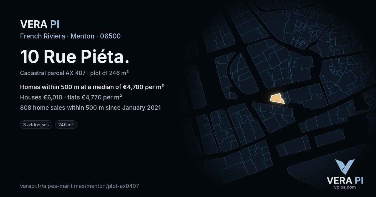 10 Rue Piéta, Menton at night – the plot lit, the parcels around coloured by the prices near them