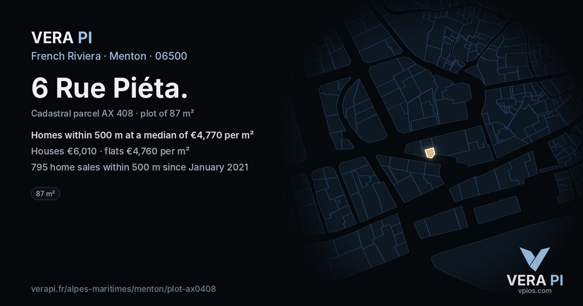 6 Rue Piéta, Menton at night – the plot lit, the parcels around coloured by the prices near them