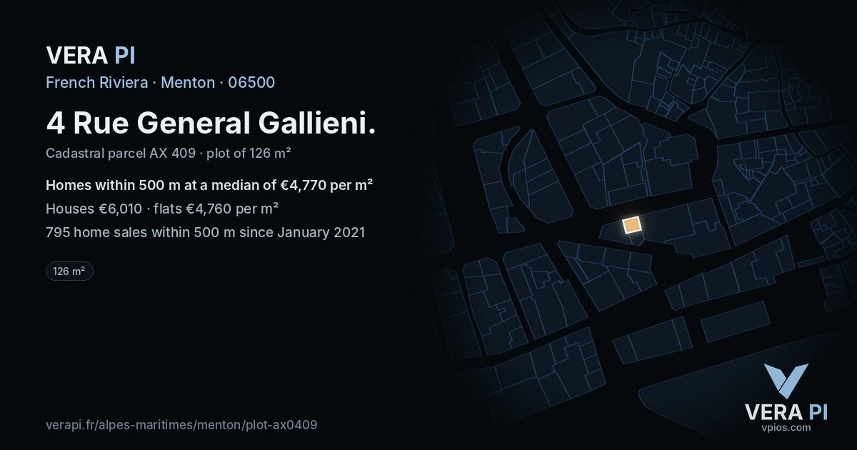 4 Rue General Gallieni, Menton at night – the plot lit, the parcels around coloured by the prices near them