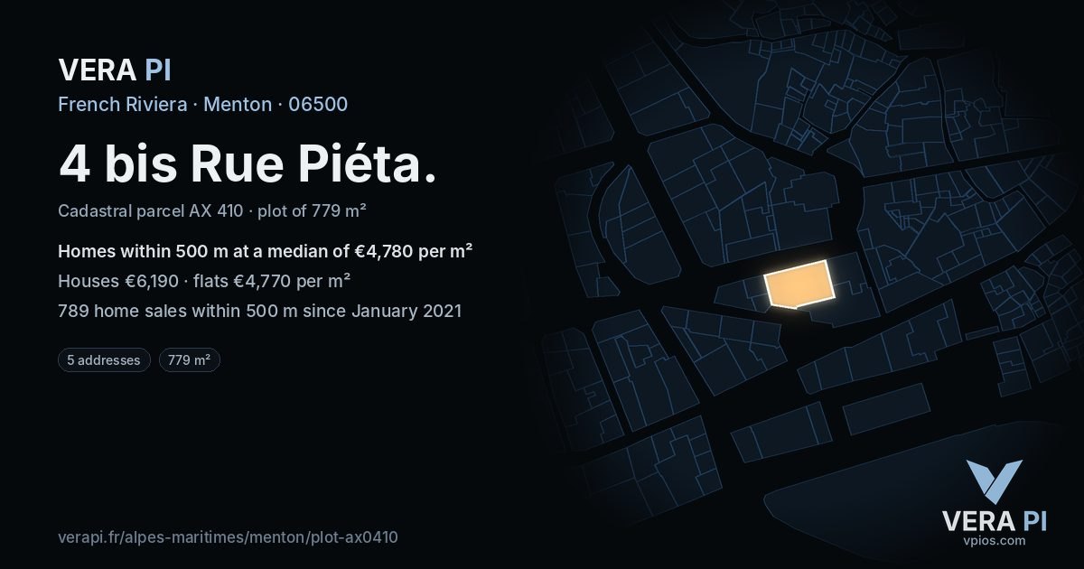 4 bis Rue Piéta, Menton at night – the plot lit, the parcels around coloured by the prices near them