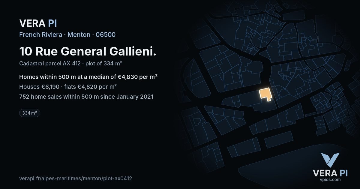 10 Rue General Gallieni, Menton at night – the plot lit, the parcels around coloured by the prices near them