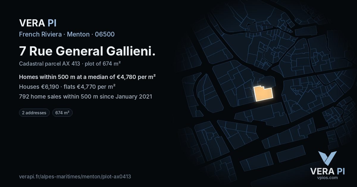 7 Rue General Gallieni, Menton at night – the plot lit, the parcels around coloured by the prices near them
