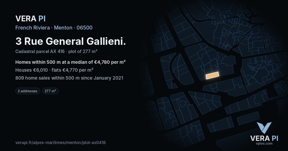 3 Rue General Gallieni, Menton at night – the plot lit, the parcels around coloured by the prices near them