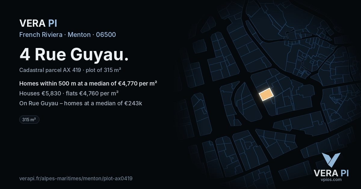 4 Rue Guyau, Menton at night – the plot lit, the parcels around coloured by the prices near them