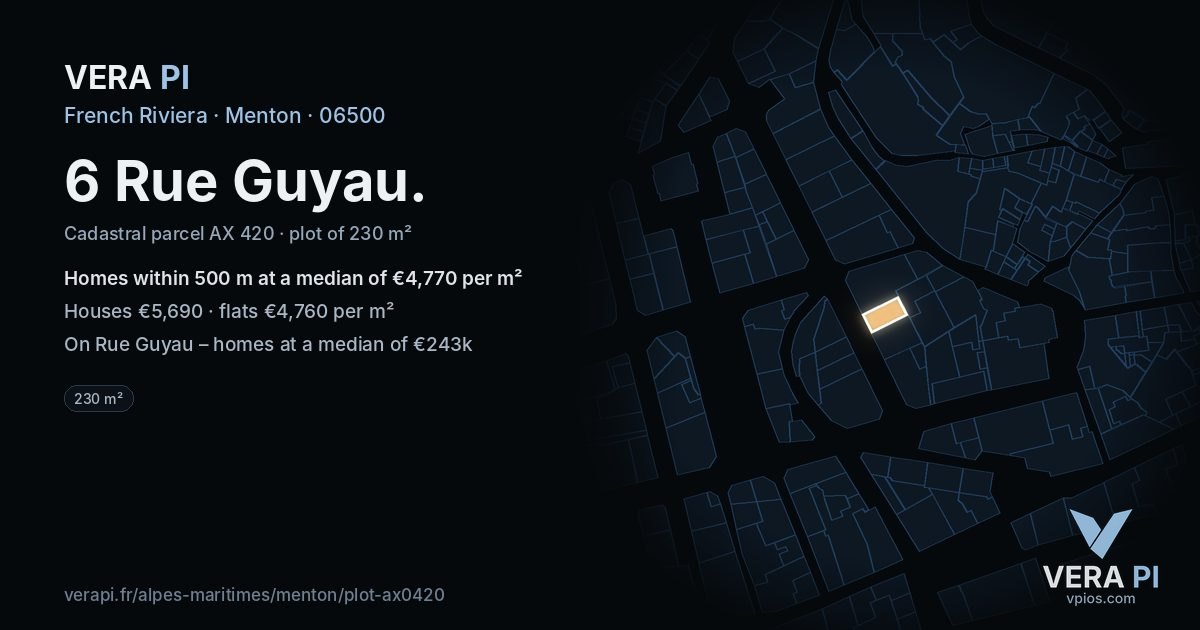 6 Rue Guyau, Menton at night – the plot lit, the parcels around coloured by the prices near them
