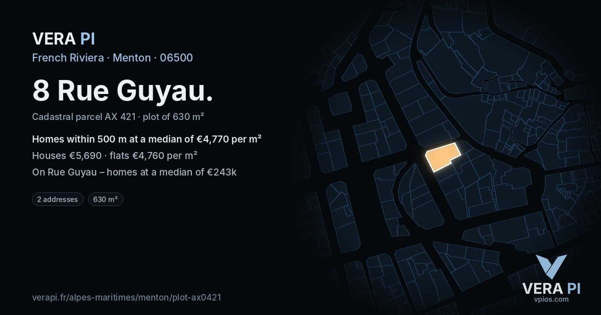 8 Rue Guyau, Menton at night – the plot lit, the parcels around coloured by the prices near them